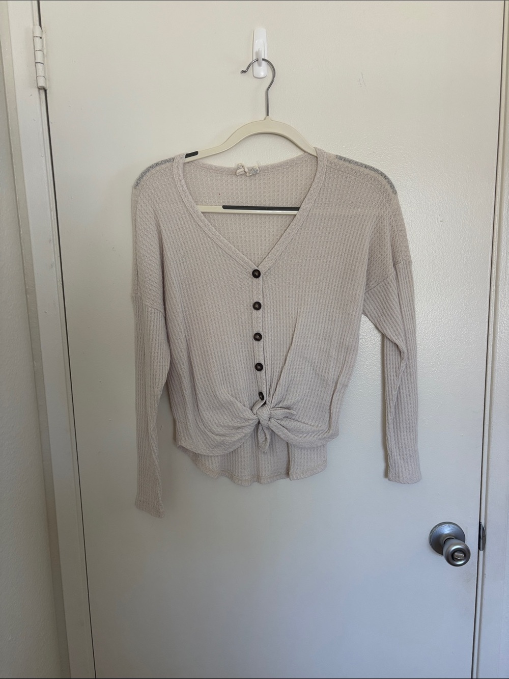 Sky and Sparrow Long Sleeve Waffle Knit Button-Front Top with Front Tie - Cream